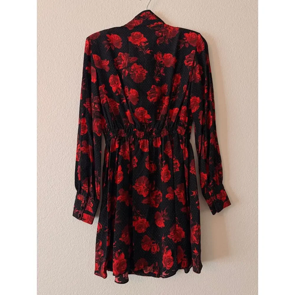 The Kooples Silk Dress EU 38 US 6 Black Red Roses Polka Dot Chic Coquette Indie
